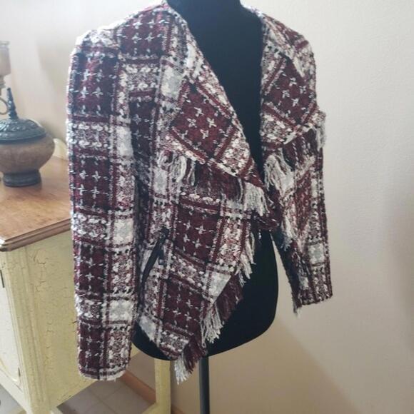 Tweed Blazer Illision lusion Jacket red white blck 6P Open Fringe - Picture 2 of 8